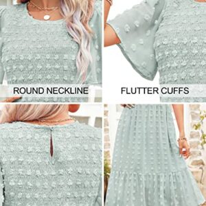 Annebouti Womens Summer Dress 2023 Flutter Short Sleeve Casual Modest Cute Swing Flowy Chiffon Swiss Dot Smocked Midi Dress Solid Light Green L