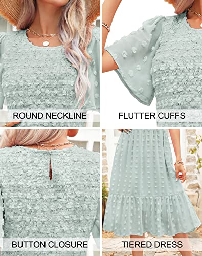 Annebouti Womens Summer Dress 2023 Flutter Short Sleeve Casual Modest Cute Swing Flowy Chiffon Swiss Dot Smocked Midi Dress Solid Light Green L