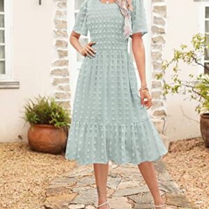 Annebouti Womens Summer Dress 2023 Flutter Short Sleeve Casual Modest Cute Swing Flowy Chiffon Swiss Dot Smocked Midi Dress Solid Light Green L