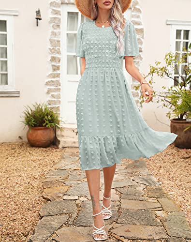 Annebouti Womens Summer Dress 2023 Flutter Short Sleeve Casual Modest Cute Swing Flowy Chiffon Swiss Dot Smocked Midi Dress Solid Light Green L