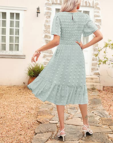 Annebouti Womens Summer Dress 2023 Flutter Short Sleeve Casual Modest Cute Swing Flowy Chiffon Swiss Dot Smocked Midi Dress Solid Light Green L