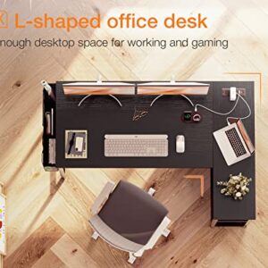 ODK 48 Inch Small L Shaped Gaming Computer Desk with Power Outlets, Reversible Storage Shelves & PC Stand for Home Office, Simple Writing Study Table with Storage Bag for Small Space, Black