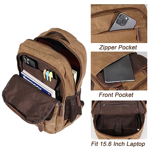 lulusnie Canvas Backpack, Vintage Daypack for Men Women, Brown Travel Rucksack Backpack College Computer Bookbag Fits 15.6 Inch Laptop, Brown