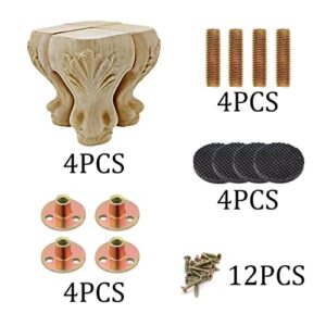 INKNOTE Solid Unfinished Wood Furniture Legs European Style Solid Wood Carving Furniture Replacement Feet for Sofa Cabinet Wardrobe Table Loveseat Couch Ottoman Loveseat Coffee Table(4" Set of 4)