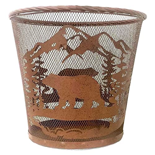 AMAJY Rustic Bear Forest Mountain Metal Waste Basket in Rustic Style Brown Metal Mesh Trash Can