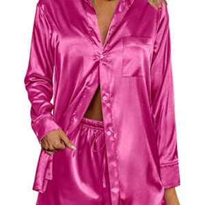 Ekoauer Womens Satin Stylish V Neck Long Sleeve Button Down Shirt and Matching Shorts Pajama Set, Hot Pink, Medium