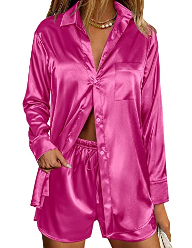 Ekoauer Womens Satin Stylish V Neck Long Sleeve Button Down Shirt and Matching Shorts Pajama Set, Hot Pink, Medium