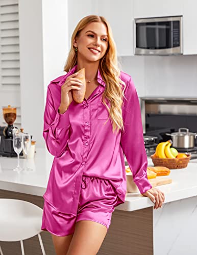 Ekoauer Womens Satin Stylish V Neck Long Sleeve Button Down Shirt and Matching Shorts Pajama Set, Hot Pink, Medium