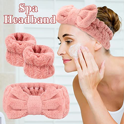 3 Pieces Face Wash Headband and Wristband Set, Spa Headband Makeup Skincare Headbands Wrist Towels Wrist Bands for Washing Face (Pink)