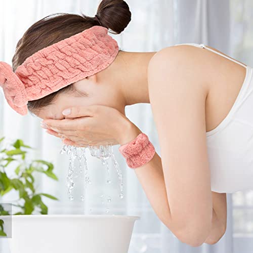 3 Pieces Face Wash Headband and Wristband Set, Spa Headband Makeup Skincare Headbands Wrist Towels Wrist Bands for Washing Face (Pink)