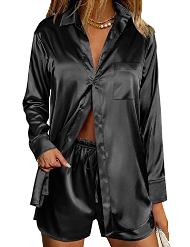 Ekoauer Womens Satin Stylish V Neck Long Sleeve Button Down Shirt and Matching Shorts Pajama Set, Black, Medium