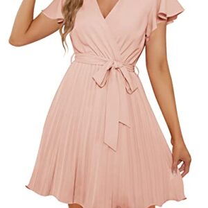 ZESICA Women's Wrap V Neck Mini Dress 2023 Summer Flutter Sleeve Tie Waist Pleated A Line Swing Wedding Party Short Dresses,LightPink,Medium