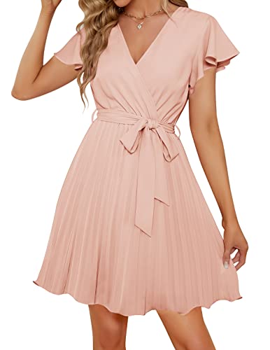 ZESICA Women's Wrap V Neck Mini Dress 2023 Summer Flutter Sleeve Tie Waist Pleated A Line Swing Wedding Party Short Dresses,LightPink,Medium