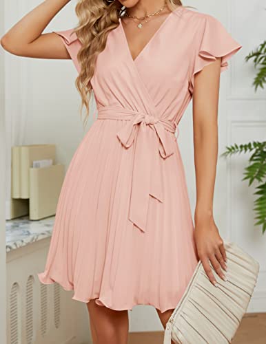 ZESICA Women's Wrap V Neck Mini Dress 2023 Summer Flutter Sleeve Tie Waist Pleated A Line Swing Wedding Party Short Dresses,LightPink,Medium