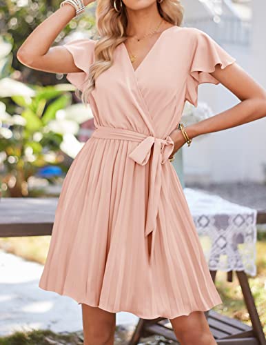 ZESICA Women's Wrap V Neck Mini Dress 2023 Summer Flutter Sleeve Tie Waist Pleated A Line Swing Wedding Party Short Dresses,LightPink,Medium