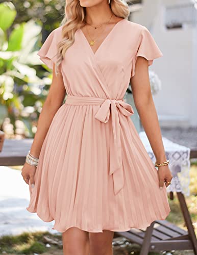 ZESICA Women's Wrap V Neck Mini Dress 2023 Summer Flutter Sleeve Tie Waist Pleated A Line Swing Wedding Party Short Dresses,LightPink,Medium