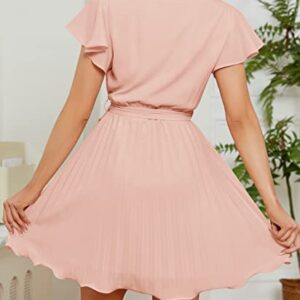 ZESICA Women's Wrap V Neck Mini Dress 2023 Summer Flutter Sleeve Tie Waist Pleated A Line Swing Wedding Party Short Dresses,LightPink,Medium