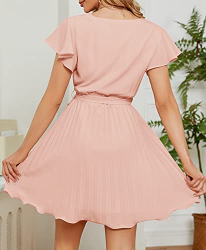 ZESICA Women's Wrap V Neck Mini Dress 2023 Summer Flutter Sleeve Tie Waist Pleated A Line Swing Wedding Party Short Dresses,LightPink,Medium