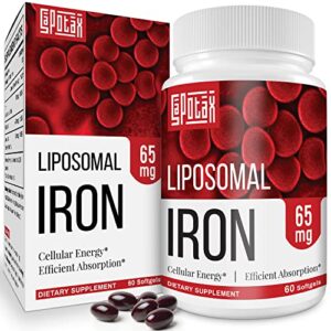 liposomal fe iron supplement for women,65 mg iron supplements with folic acid & vitamin b12 for men,red blood cell production,energy support for adults iron deficiency 60 softgels(1 bottle)