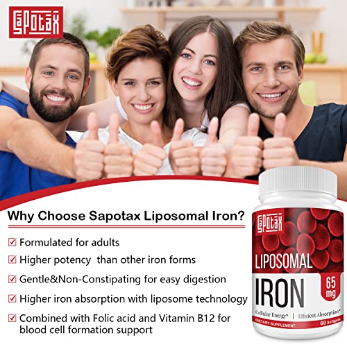 Liposomal Fe Iron Supplement for Women,65 mg Iron Supplements with Folic Acid & Vitamin B12 for Men,Red Blood Cell Production,Energy Support for Adults Iron Deficiency 60 Softgels(1 Bottle)