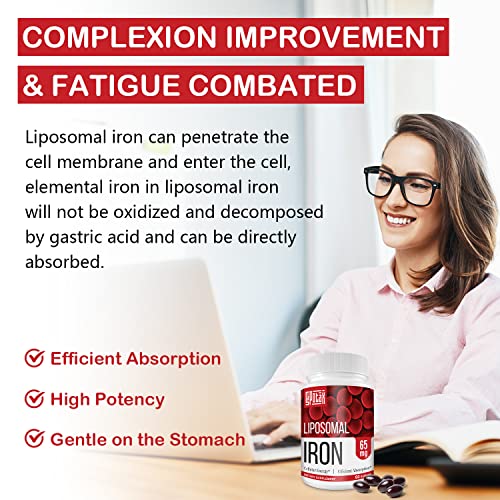 Liposomal Fe Iron Supplement for Women,65 mg Iron Supplements with Folic Acid & Vitamin B12 for Men,Red Blood Cell Production,Energy Support for Adults Iron Deficiency 60 Softgels(1 Bottle)