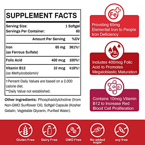 Liposomal Fe Iron Supplement for Women,65 mg Iron Supplements with Folic Acid & Vitamin B12 for Men,Red Blood Cell Production,Energy Support for Adults Iron Deficiency 60 Softgels(1 Bottle)