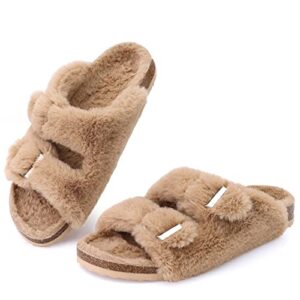 kidmi fuzzy house slippers for women with arch support adjustable straps fluffy bedroom slippers cork fur slides for bride, khiki 8