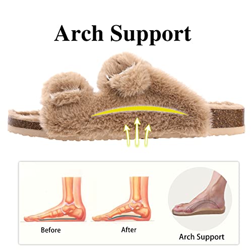 KIDMI Fuzzy House Slippers for Women with Arch Support Adjustable Straps Fluffy Bedroom Slippers Cork Fur Slides for Bride, Khiki 8