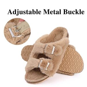 KIDMI Fuzzy House Slippers for Women with Arch Support Adjustable Straps Fluffy Bedroom Slippers Cork Fur Slides for Bride, Khiki 8