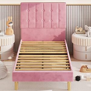 LIKIMIO Twin Bed Frames, Velvet Upholstered Platform Bed Frame with Headboard and Strong Wooden Slats, No Box Spring Needed/Noise-Free/Easy Assembly, Pink