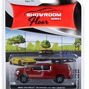 Greenlight 68020-C Showroom Floor Series 2-2022 Chevy Silverado LTD High Country with Camper Shell - Cherry Red Tintcoat 1/64 Scale