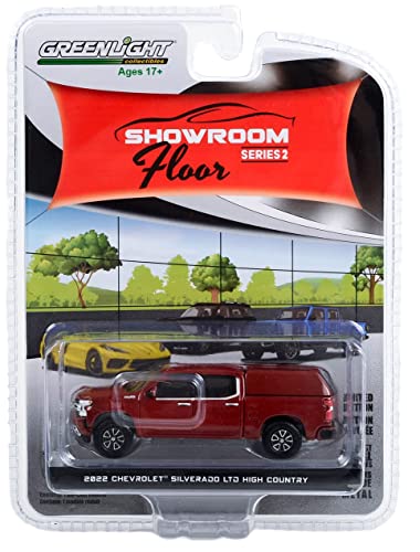 Greenlight 68020-C Showroom Floor Series 2-2022 Chevy Silverado LTD High Country with Camper Shell - Cherry Red Tintcoat 1/64 Scale