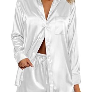 Ekoauer Womens Satin Stylish V Neck Long Sleeve Button Down Shirt and Matching Shorts Pajama Set, White, Large