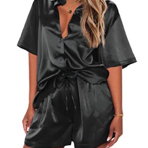 Ekouaer Satin Pajamas for Women Soft Short Sleeve Nightwear Button Down Pjs with Shorts Summer Silk 2 Piece Set Black,Medium