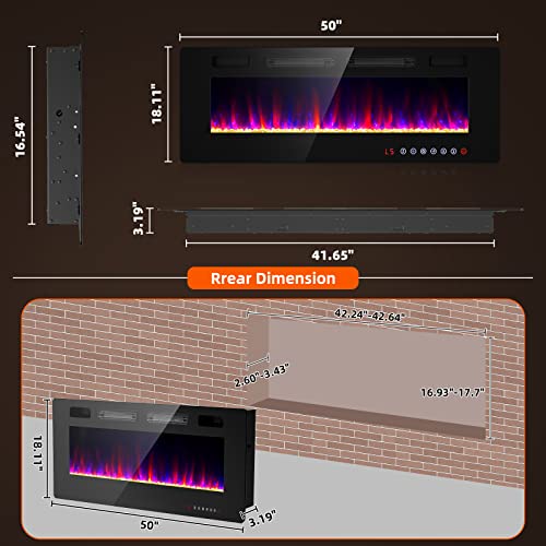 Zionheat 50 inches Electric Fireplace-Wall Fireplace for Living Room-Fireplace Heater Insert Wall Mounted with Remote Control,Timer,12 Flame Colors,750/150W,Ultra Thin