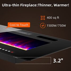 Zionheat 50 inches Electric Fireplace-Wall Fireplace for Living Room-Fireplace Heater Insert Wall Mounted with Remote Control,Timer,12 Flame Colors,750/150W,Ultra Thin