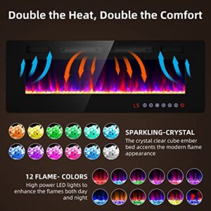 Zionheat 50 inches Electric Fireplace-Wall Fireplace for Living Room-Fireplace Heater Insert Wall Mounted with Remote Control,Timer,12 Flame Colors,750/150W,Ultra Thin