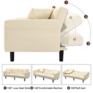 AVAWING Futon Sofa Bed, Modern Leather Convertible Sofa Bed, Upholstered Sofa Couch Bed with Adjustable Back, Arms and High Strength Nylon Legs for Living Room, Apartment, Office, Beige