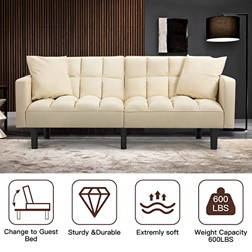 AVAWING Futon Sofa Bed, Modern Leather Convertible Sofa Bed, Upholstered Sofa Couch Bed with Adjustable Back, Arms and High Strength Nylon Legs for Living Room, Apartment, Office, Beige