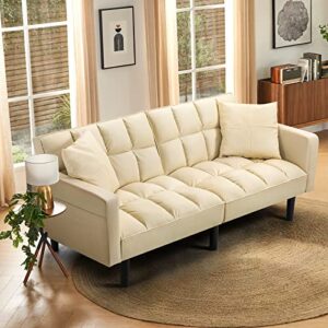 AVAWING Futon Sofa Bed, Modern Leather Convertible Sofa Bed, Upholstered Sofa Couch Bed with Adjustable Back, Arms and High Strength Nylon Legs for Living Room, Apartment, Office, Beige