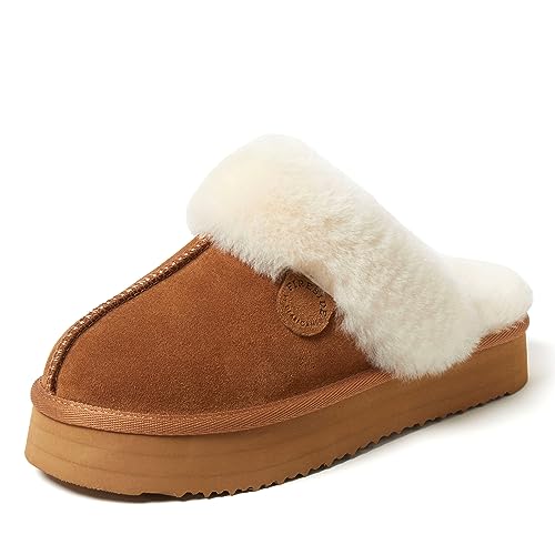 Dearfoams Women's Fireside Sydney Shearling Fur Indoor/Outdoor Scuff Slipper with Wide Widths, Chestnut Platform, 9