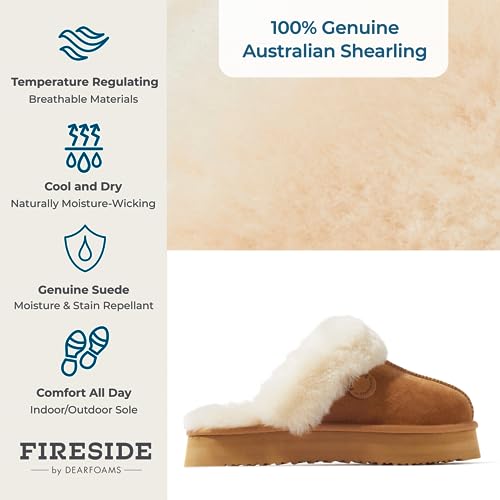 Dearfoams Women's Fireside Sydney Shearling Fur Indoor/Outdoor Scuff Slipper with Wide Widths, Chestnut Platform, 9