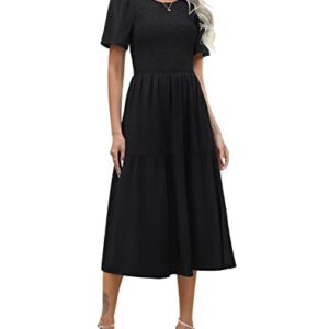 Ellakoko Summer Dresses for Women 2023 Casual Short Sleeve Modest A Line Crew Neck Ruffle Tiered Smocked Midi Black Dress Solid Black M