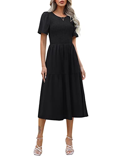 Ellakoko Summer Dresses for Women 2023 Casual Short Sleeve Modest A Line Crew Neck Ruffle Tiered Smocked Midi Black Dress Solid Black M