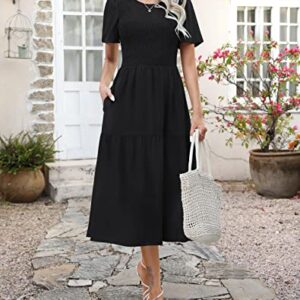 Ellakoko Summer Dresses for Women 2023 Casual Short Sleeve Modest A Line Crew Neck Ruffle Tiered Smocked Midi Black Dress Solid Black M