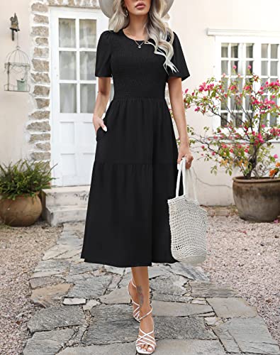 Ellakoko Summer Dresses for Women 2023 Casual Short Sleeve Modest A Line Crew Neck Ruffle Tiered Smocked Midi Black Dress Solid Black M