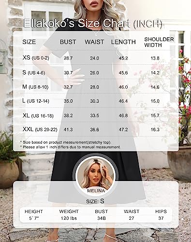 Ellakoko Summer Dresses for Women 2023 Casual Short Sleeve Modest A Line Crew Neck Ruffle Tiered Smocked Midi Black Dress Solid Black M