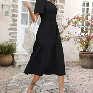 Ellakoko Summer Dresses for Women 2023 Casual Short Sleeve Modest A Line Crew Neck Ruffle Tiered Smocked Midi Black Dress Solid Black M