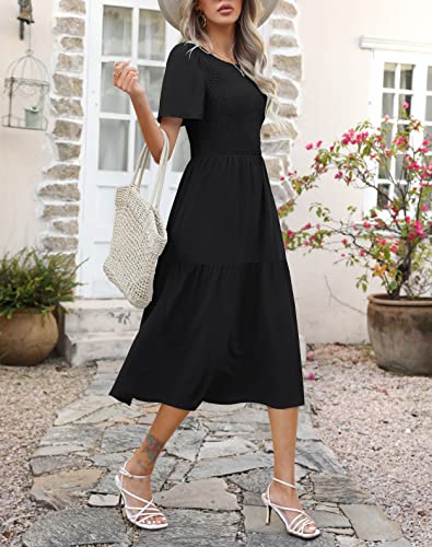 Ellakoko Summer Dresses for Women 2023 Casual Short Sleeve Modest A Line Crew Neck Ruffle Tiered Smocked Midi Black Dress Solid Black M