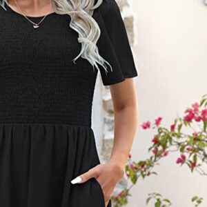 Ellakoko Summer Dresses for Women 2023 Casual Short Sleeve Modest A Line Crew Neck Ruffle Tiered Smocked Midi Black Dress Solid Black M